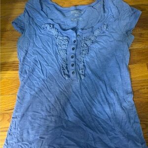 Old Navy Blue Short Sleeve Henley with Floral Lace Trim